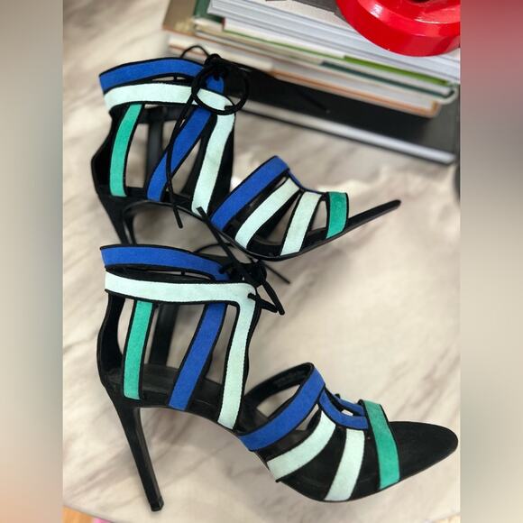 Zara Blue, Black & Green Caged Lace Up Gladiator Heels - Picture 5 of 8